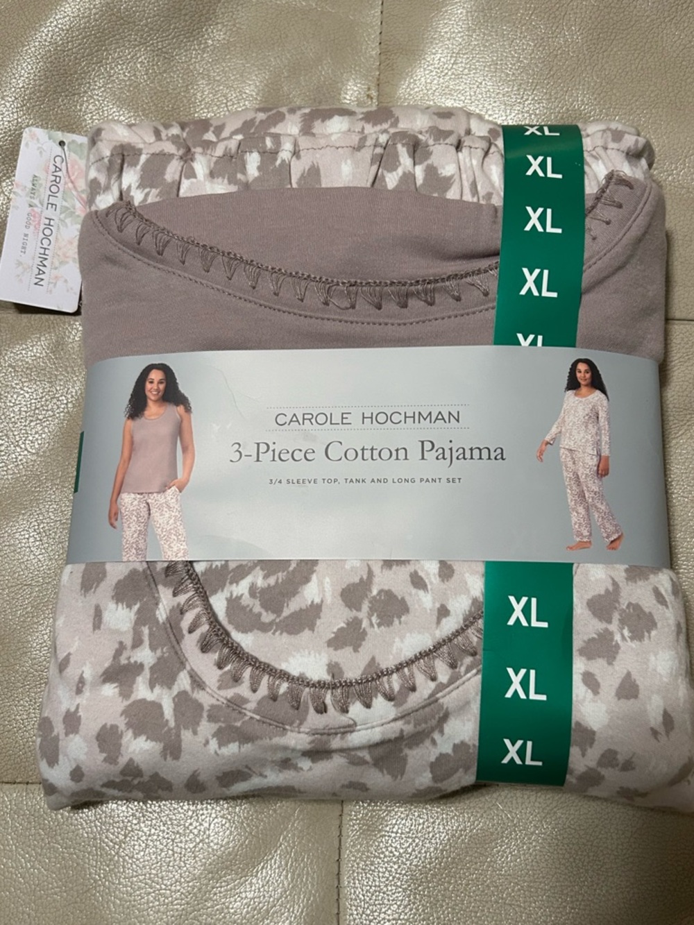 Carole Hochman Women's 3-Pcs Pajama Set in Taupe and Light Taupe Print. 🆓 gift🎁
